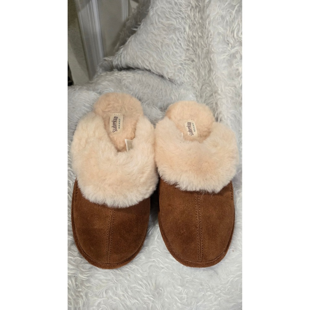 Staheekum Cressida-Wheat Suede Shearling Wool Scuff Slippers Women 8 Brown
